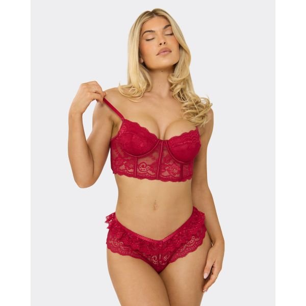 EGO LACE UNDERWIRED LONGLINE BRA & FRILL BRAZILIAN KNICKER SET IN RED, Women's Size UK 6 - 2