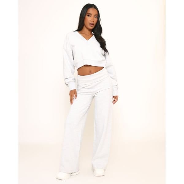 EGO Fold Over Waist Wide Leg Joggers In Grey, Women's Size UK 4 - 2