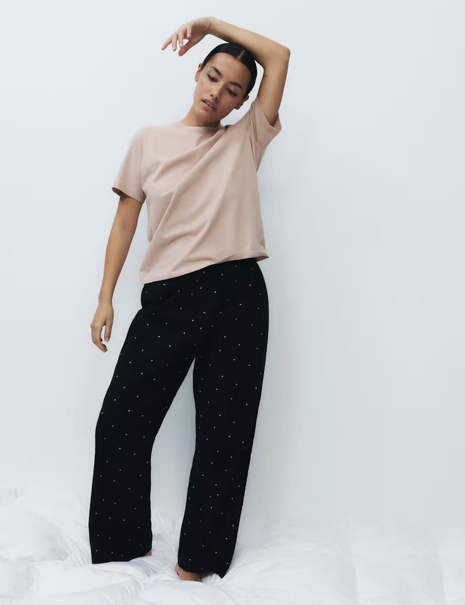 Marks & Spencer M&S Pure Cotton Pyjama Set With Woven Bottoms Black Mix