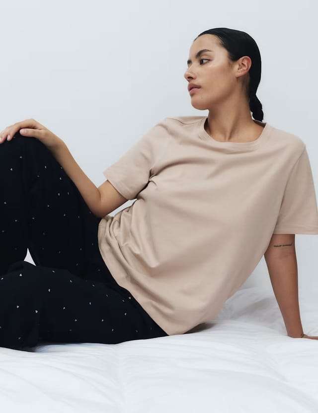 Marks & Spencer M&S Pure Cotton Pyjama Set With Woven Bottoms Black Mix - 2