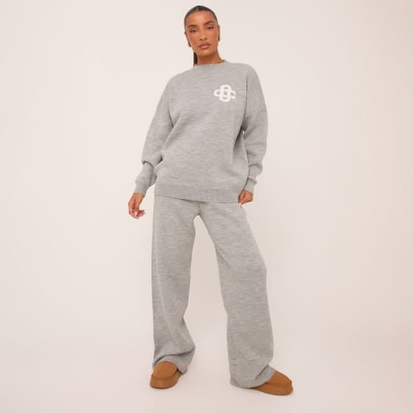 EGO High Waist Contrast Swirl Detail Wide Leg Joggers In Grey Marl Knit, Women's Size UK Large L