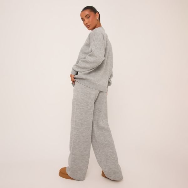 EGO High Waist Contrast Swirl Detail Wide Leg Joggers In Grey Marl Knit, Women's Size UK Large L - 2