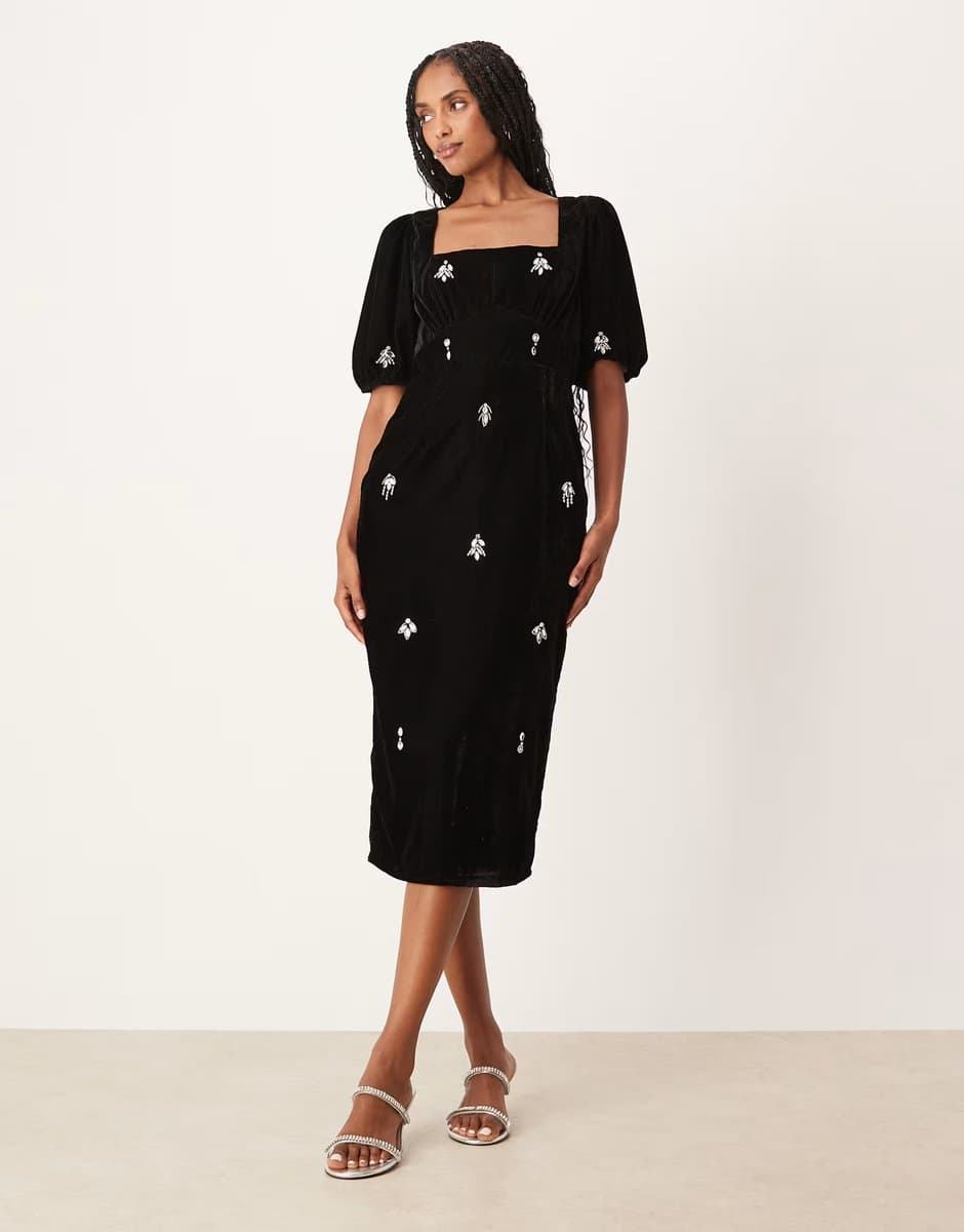ASOS Hope & Ivy square neck embellished velvet midi dress in black