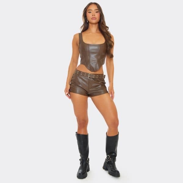 EGO Mid Rise Belted Lace Up Side Seam Detail Shorts In Brown Faux Leather, Women's Size UK 16