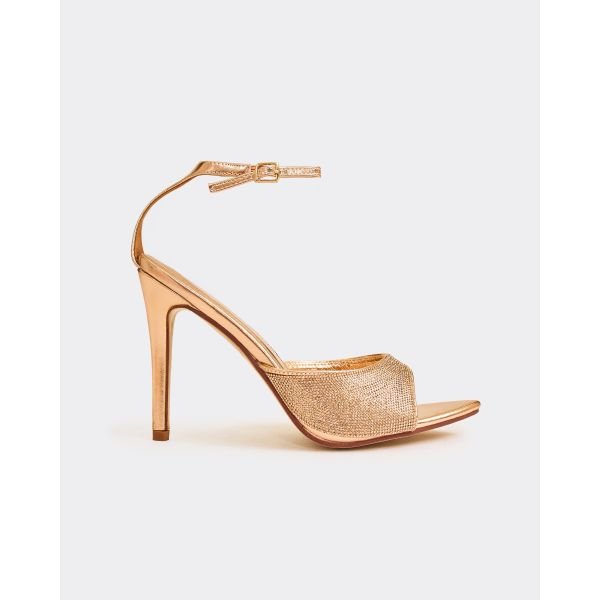 EGO Quality Diamante Detail Pointed Peep Toe Ankle Strap Stiletto Heel In Bronze Faux Leather, Women's Size UK 3 - 2