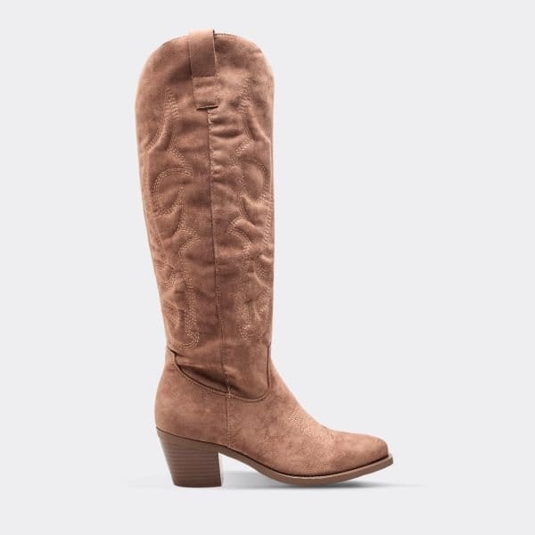 EGO Carter Embroidered Detail Knee High Western Cowboy Boot In Light Tan Brown Faux Suede, Women's Size UK 3 - 1