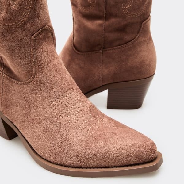 EGO Carter Embroidered Detail Knee High Western Cowboy Boot In Light Tan Brown Faux Suede, Women's Size UK 3 - 2