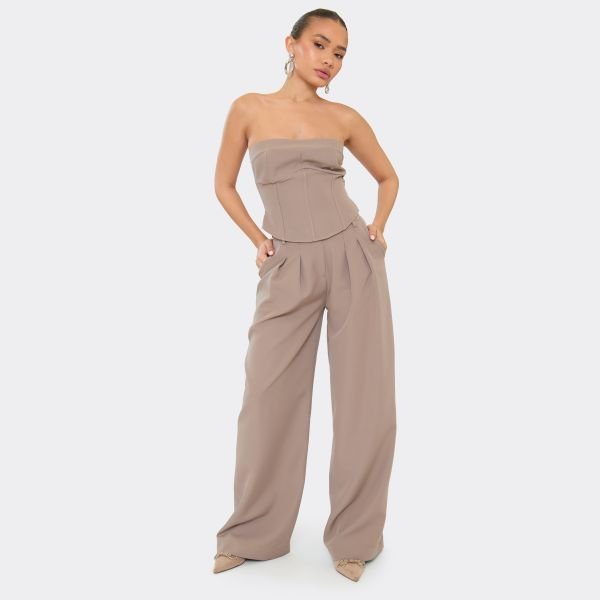 EGO Mid Rise Pleated Front Wide Leg Trousers In Taupe, Women's Size UK 6 - 2