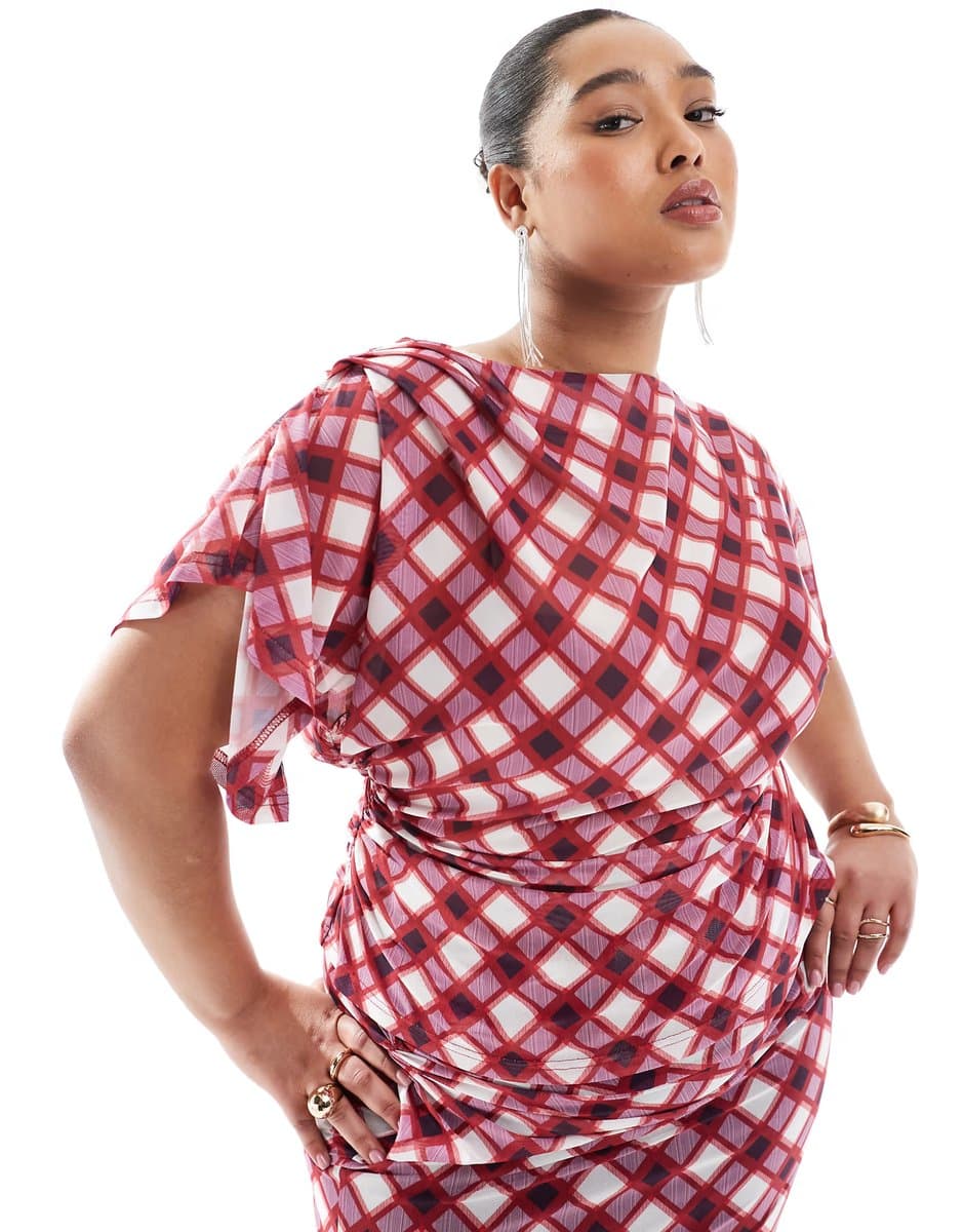 ASOS Renee Studio Plus exclusive ruched side drape sleeve mesh top co-ord in red multi check  
