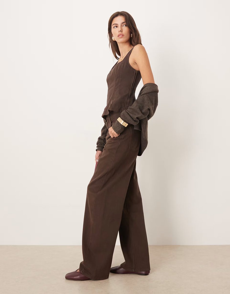 ASOS Mango cotton barrel leg co-ord jean in brown - 4