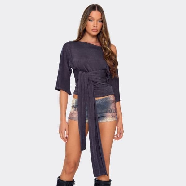 EGO EGO Asymmetric Navy Blue Short Sleeve Tie Detail Top