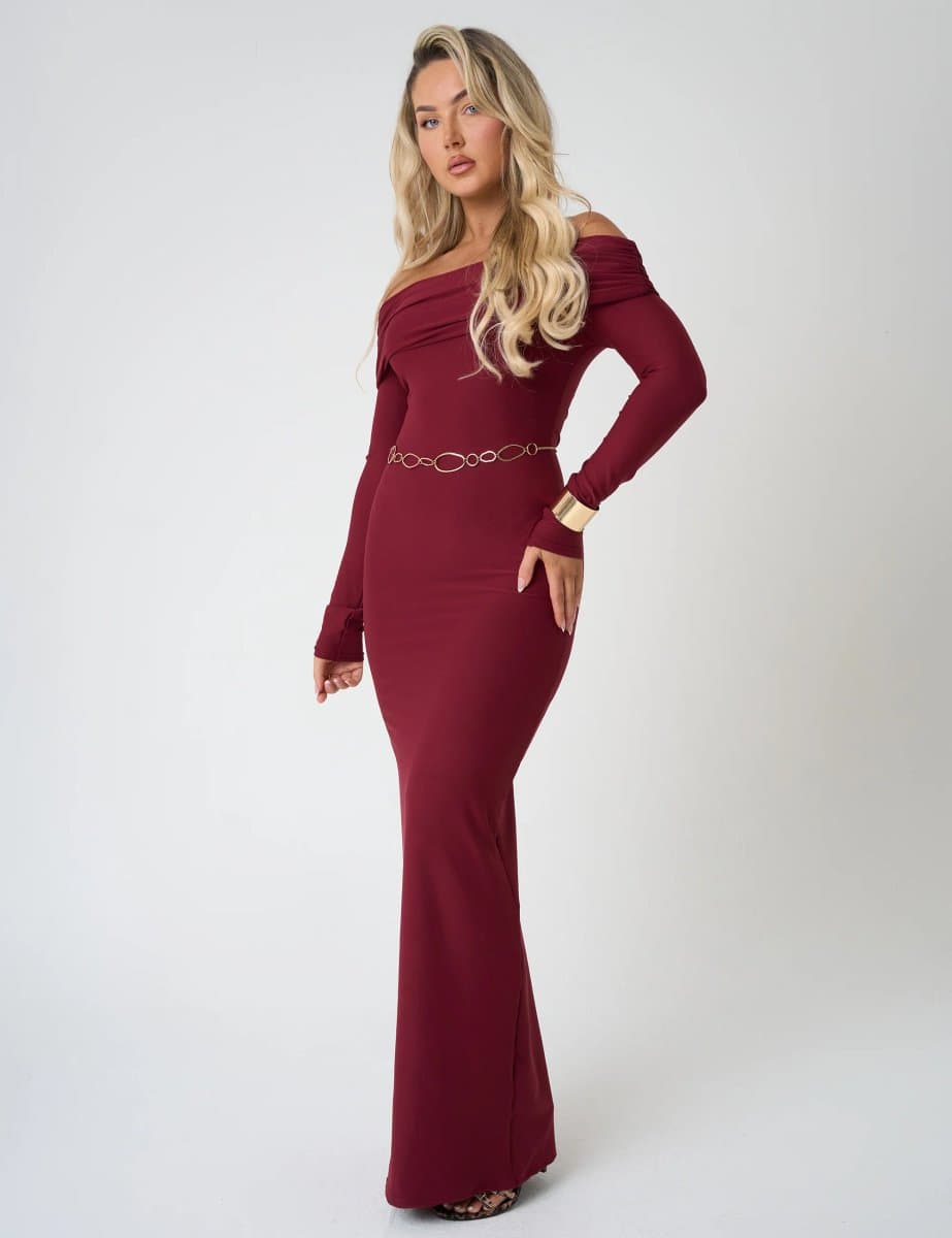 Public Desire Bardot Luxe Slinky Maxi Dress Burgundy