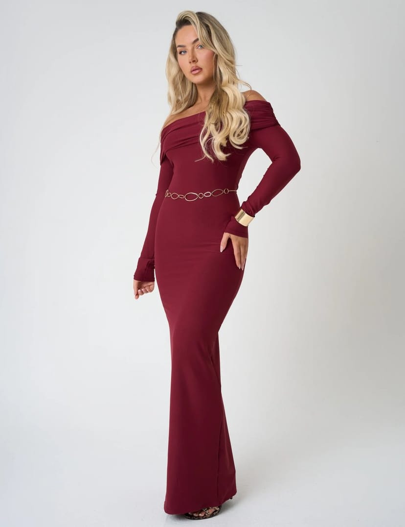 Public Desire Bardot Luxe Slinky Maxi Dress Burgundy - 1