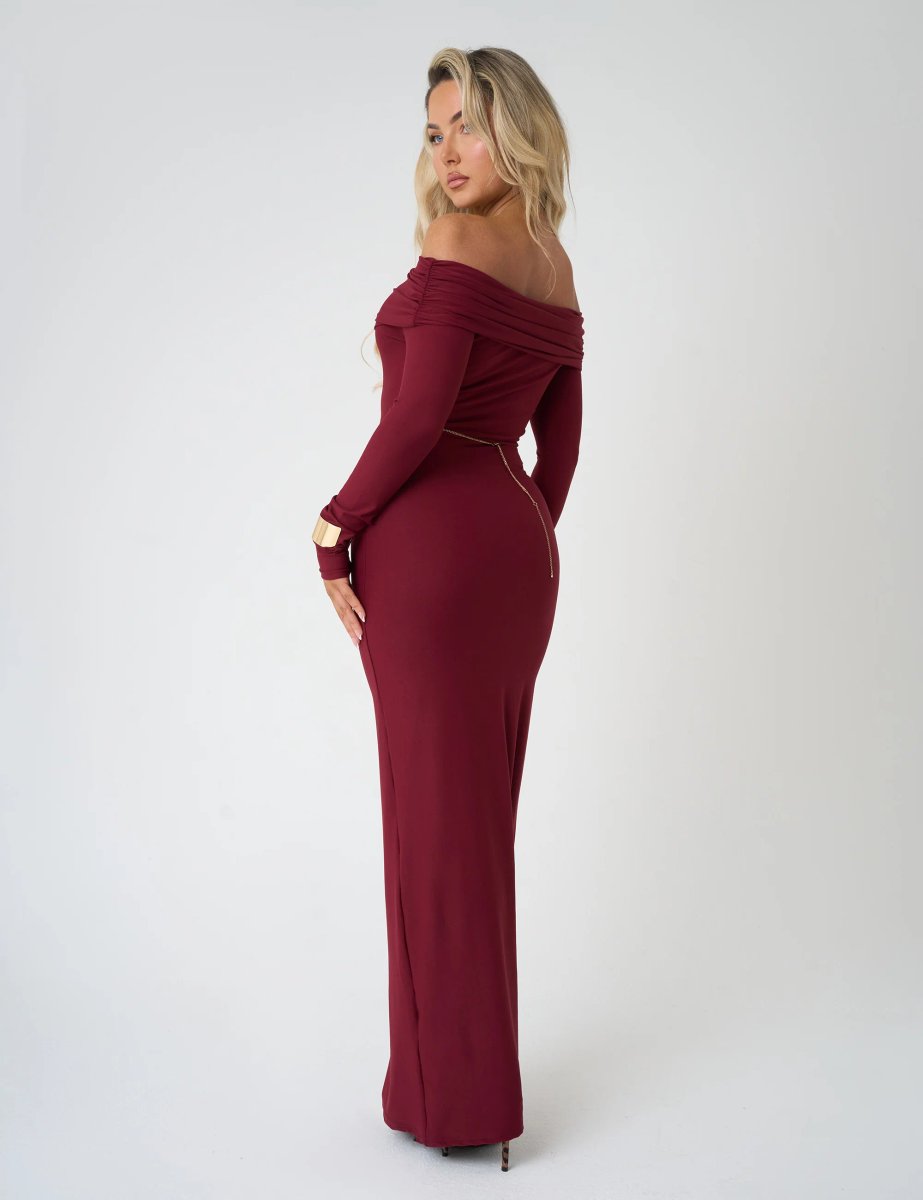 Public Desire Bardot Luxe Slinky Maxi Dress Burgundy - 4