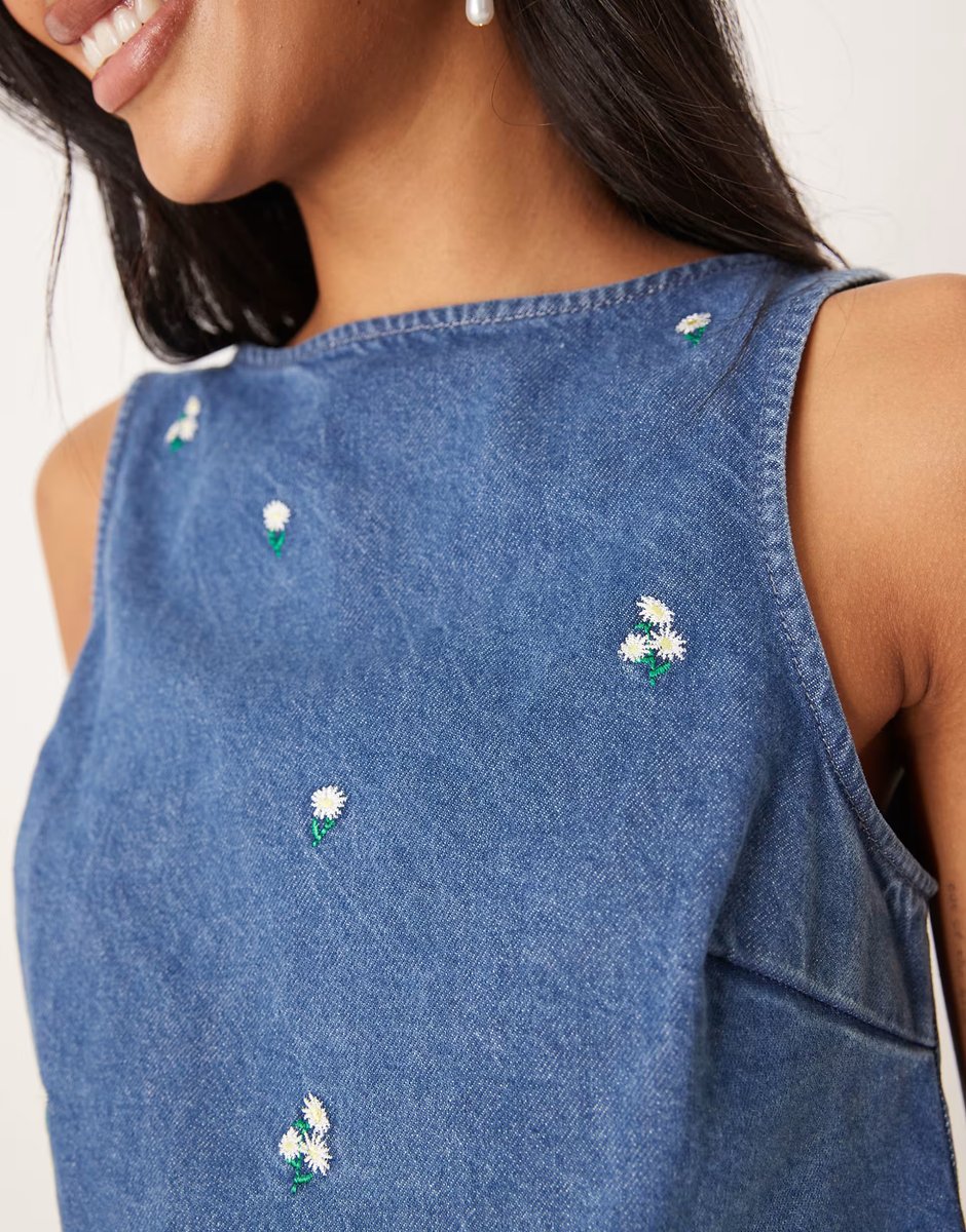 ASOS ASOS DESIGN denim shift top with embroidered ditsy floral co-ord - 2
