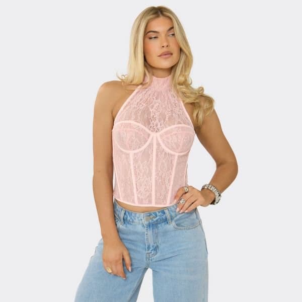 EGO High Neck Underwired Corset Top In Pink Lace, Women's Size UK 6