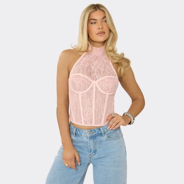 EGO High Neck Underwired Corset Top In Pink Lace, Women's Size UK 6 - 1