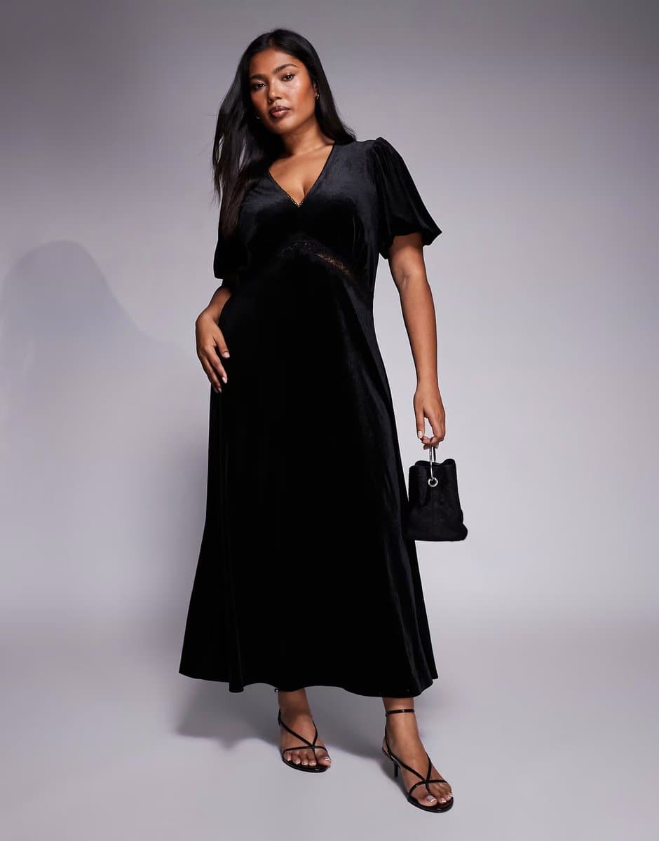 ASOS New Look Curve lace trim velvet midi dress in black