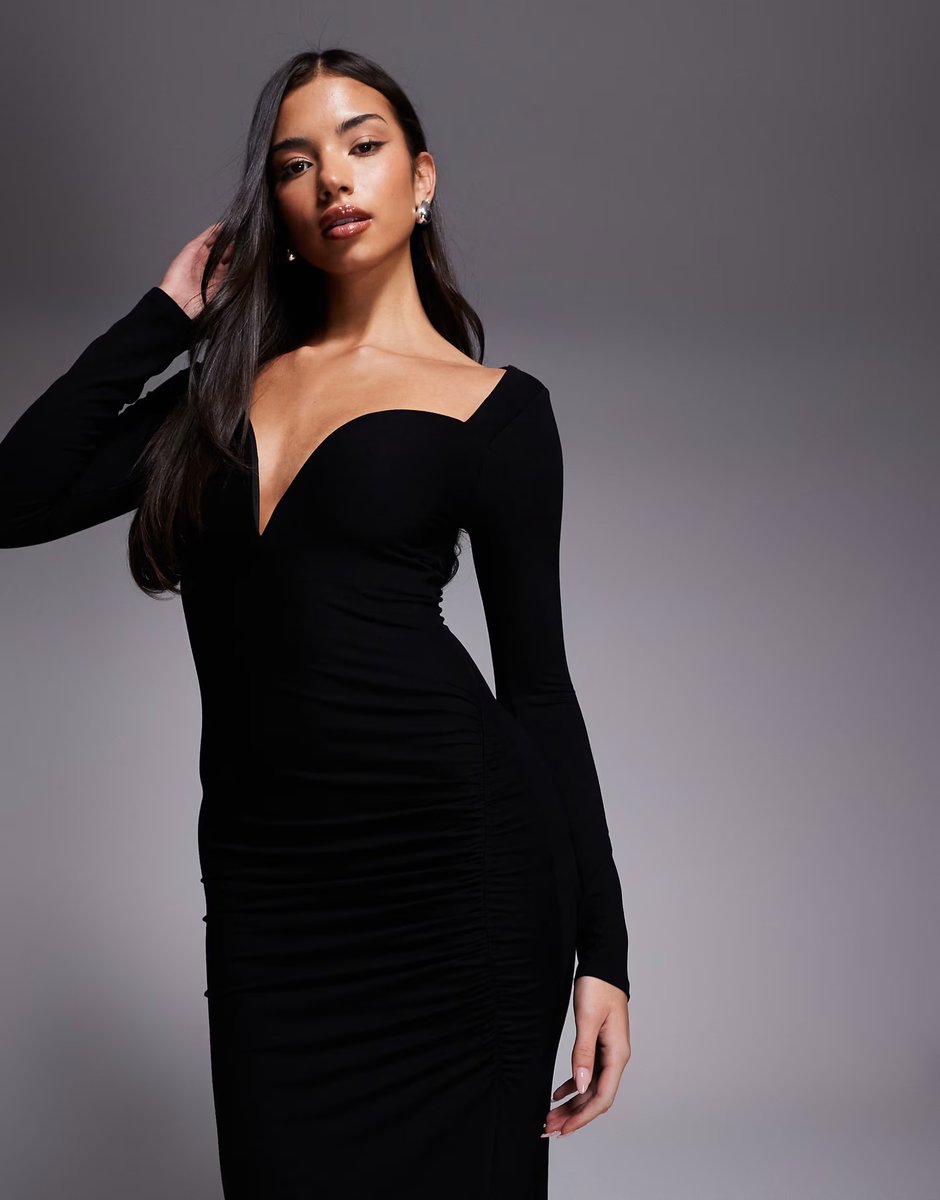 ASOS ASOS DESIGN long sleeve deep plunge maxi dress with v-bar trim in black - 3