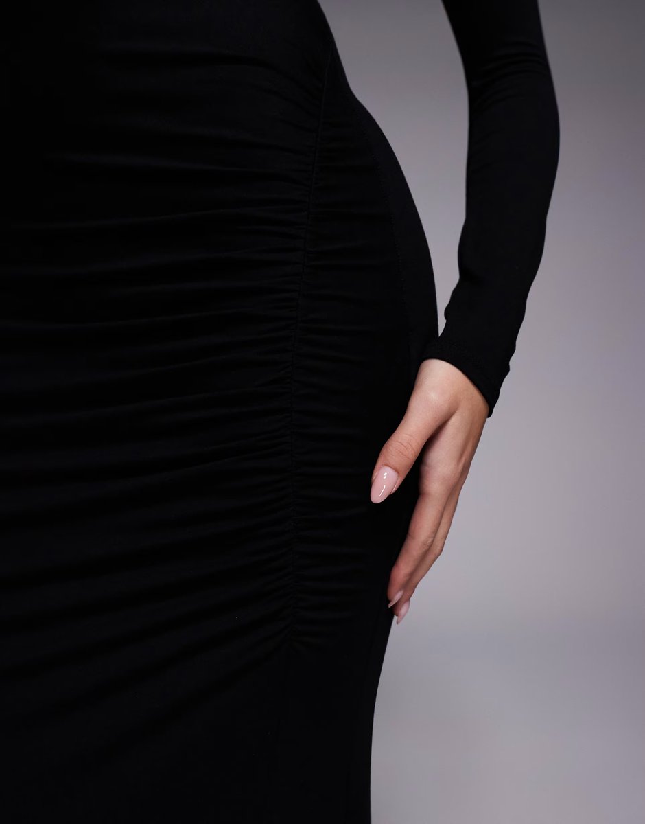 ASOS ASOS DESIGN long sleeve deep plunge maxi dress with v-bar trim in black - 4