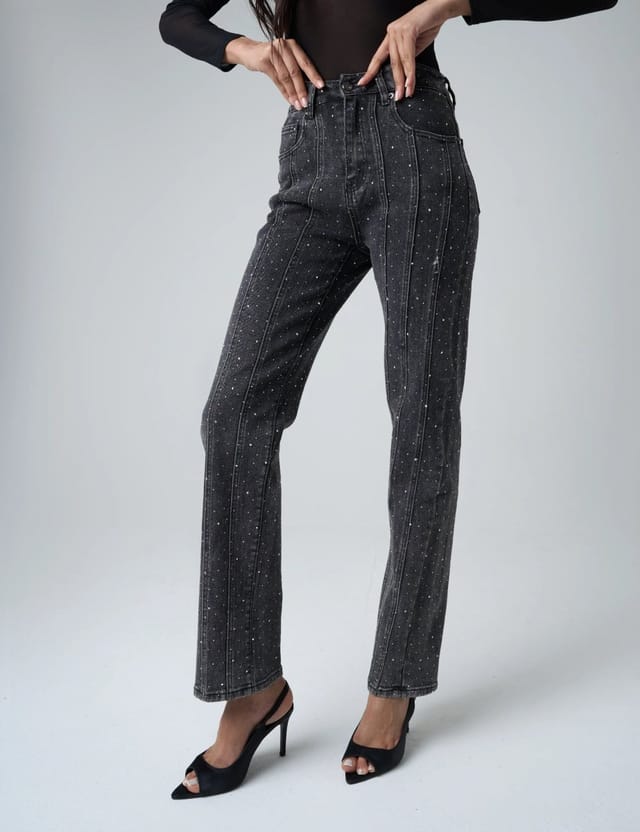 Public Desire Embellished Straight Leg High Waisted Jeans Black - 2