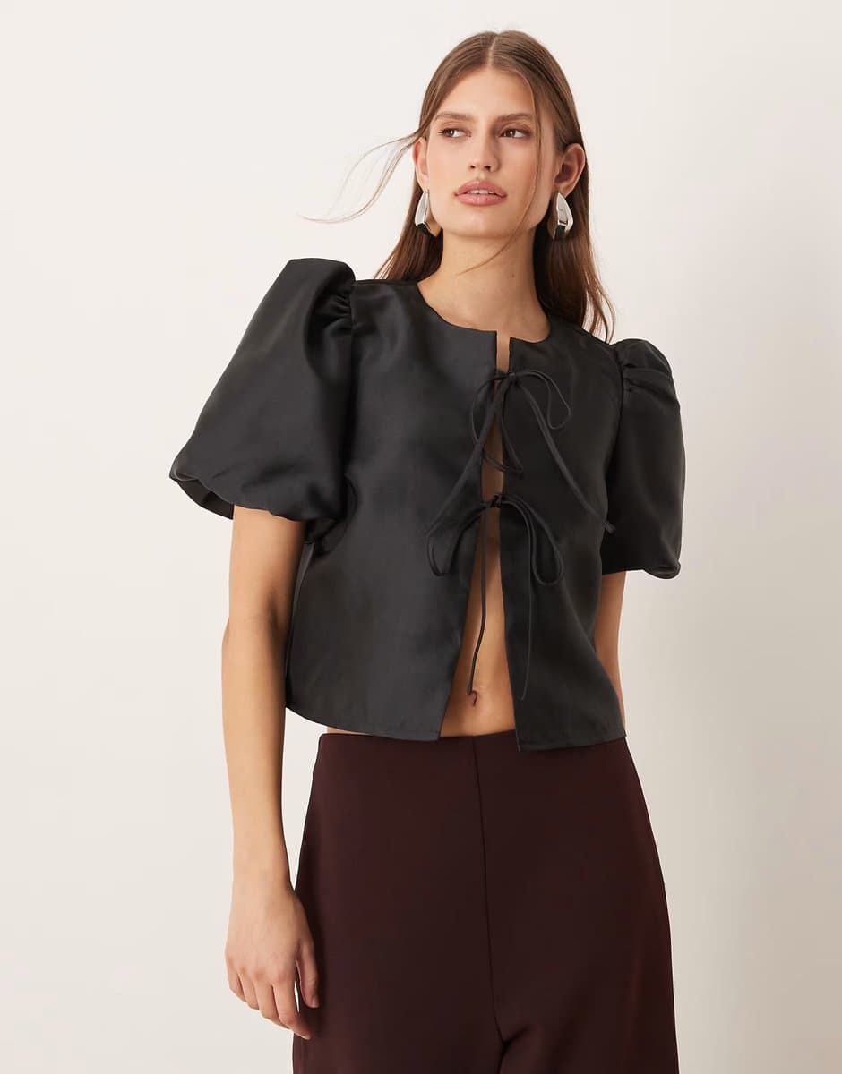 ASOS Vila tie front volume sleeve blouse in black