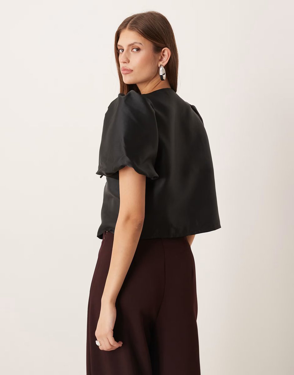 ASOS Vila tie front volume sleeve blouse in black - 4