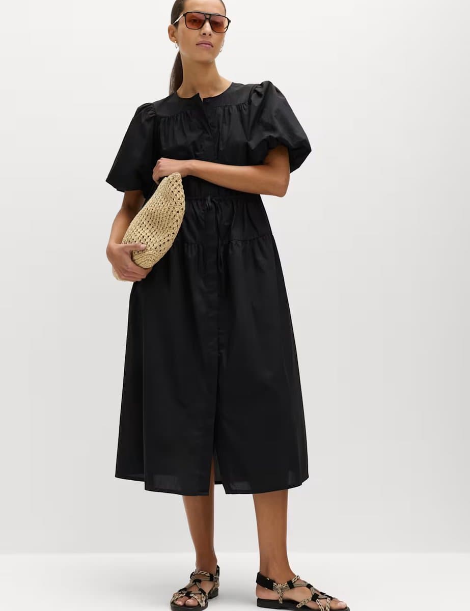 Marks & Spencer M&S Pure Cotton Puff Sleeve Midi Waisted Dress Black