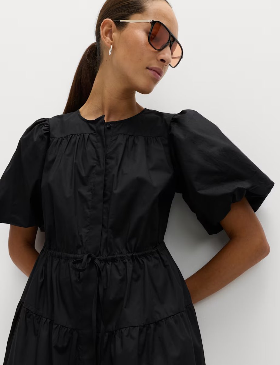 Marks & Spencer M&S Pure Cotton Puff Sleeve Midi Waisted Dress Black - 2