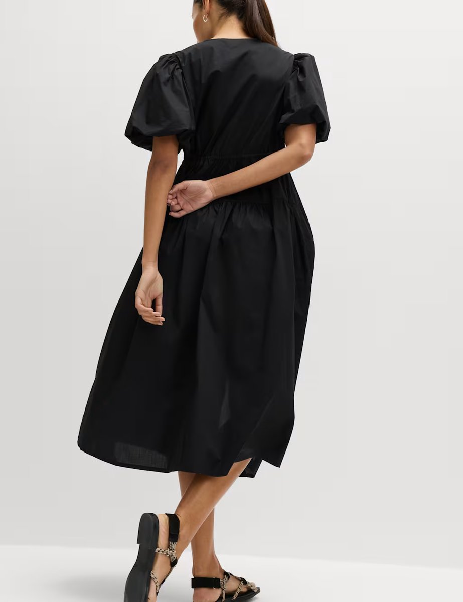 Marks & Spencer M&S Pure Cotton Puff Sleeve Midi Waisted Dress Black - 3