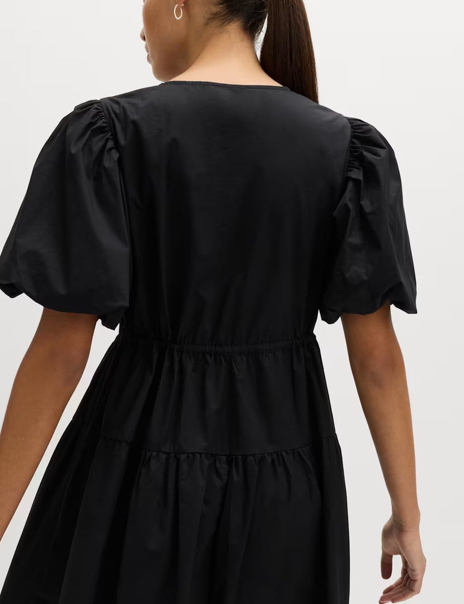 Marks & Spencer M&S Pure Cotton Puff Sleeve Midi Waisted Dress Black - 4