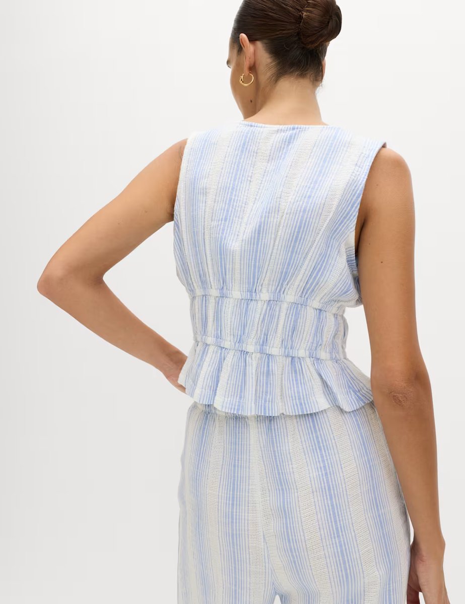 Marks & Spencer M&S Pure Cotton Striped Tie Front Waistcoat Blue Mix - 2