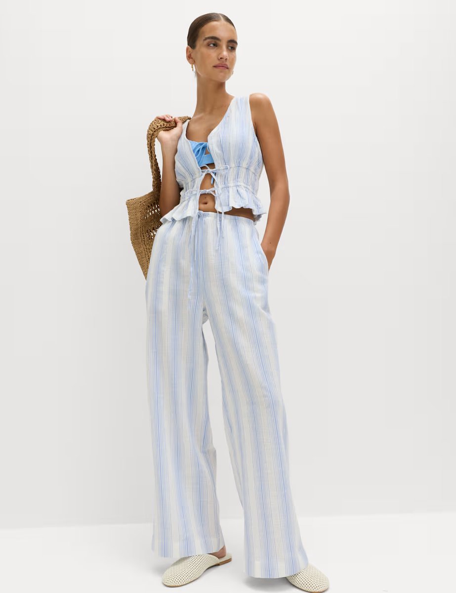 Marks & Spencer M&S Pure Cotton Striped Tie Front Waistcoat Blue Mix - 3