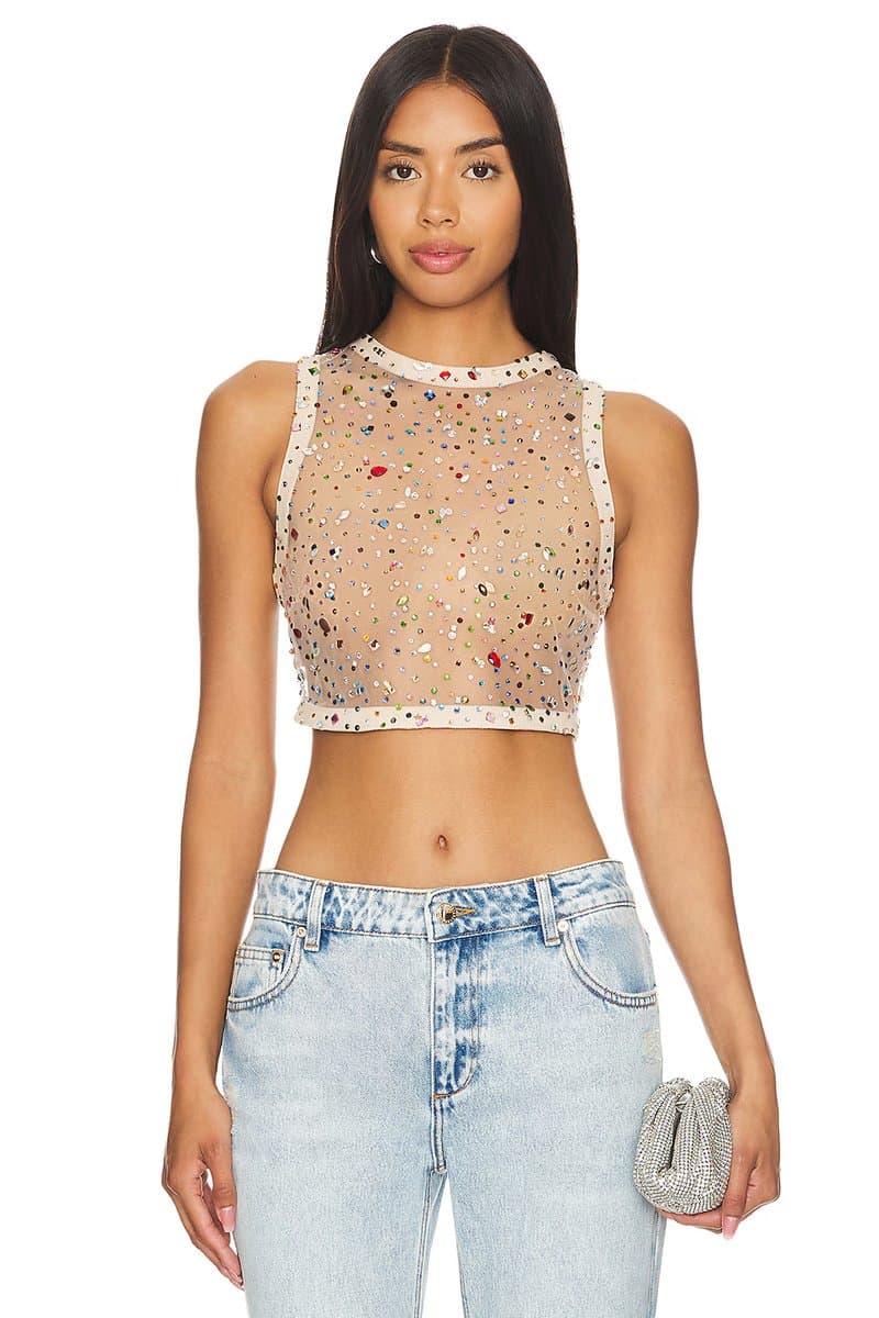 revolve Revolve Embellished Crop Top in Beige