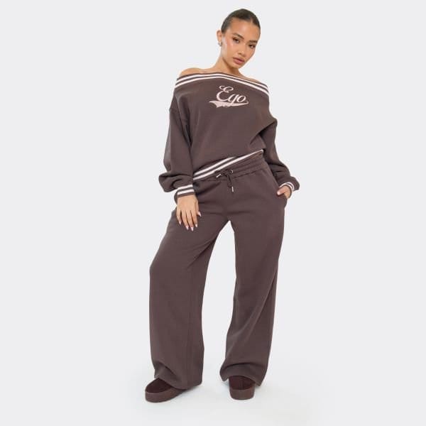 EGO Drawstring Tie Waist Straight Leg Joggers In Chocolate Brown, Women's Size UK 6 - 1