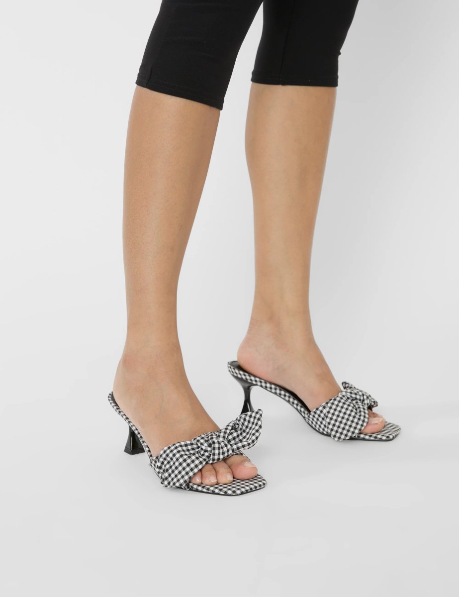 Public Desire Soleil Black Gingham Bow Mule Square Toe Mid Heels - 4