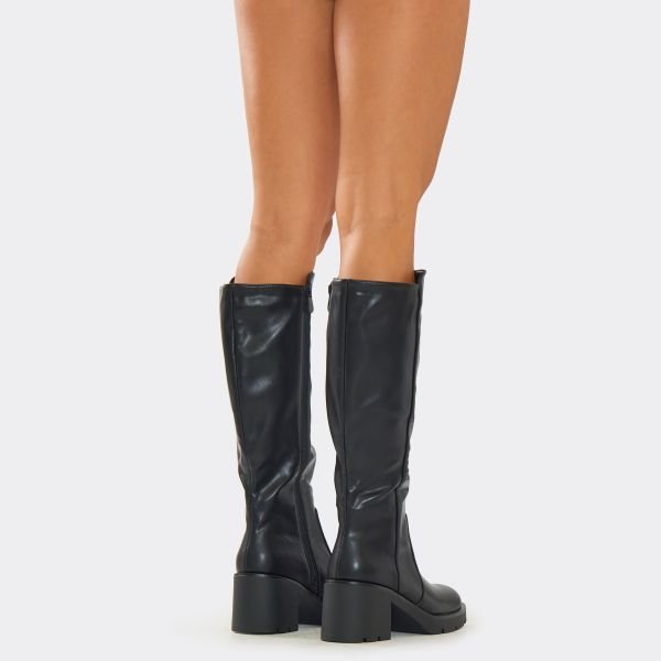 EGO Isys Asymmetric Knee High Long Boot In Black Faux Leather, Women's Size UK 3 - 2