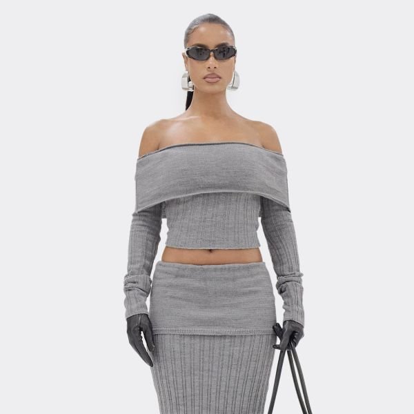 EGO Bardot Fold Over Fitted Cropped Jumper In Grey Rib Knit, Women's Size UK Large L - 2