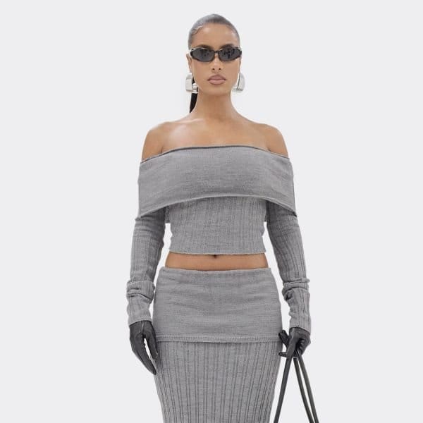 EGO Bardot Fold Over Fitted Cropped Jumper In Grey Rib Knit, Women's Size UK Large L - 2
