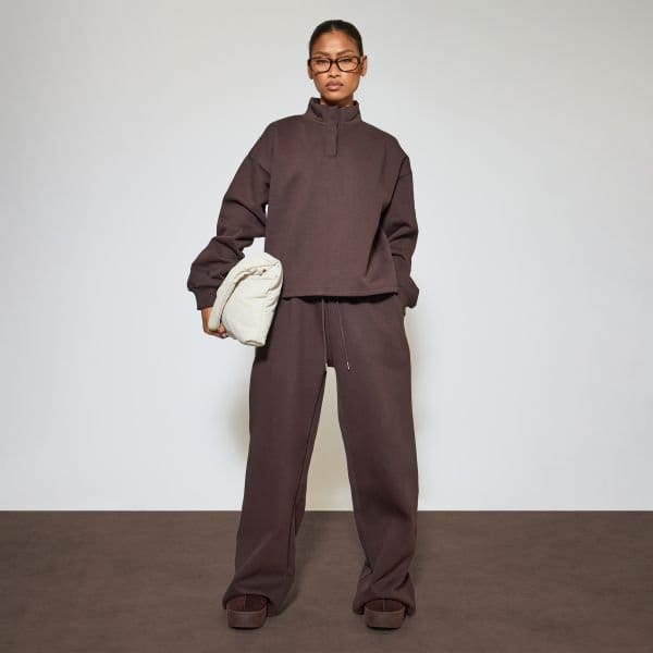 EGO Heavyweight Low Rise Drawstring Wide Leg Joggers In Chocolate Brown, Women's Size UK 6 - 1