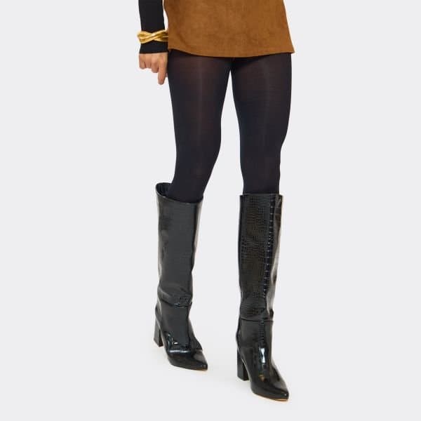 EGO Snapper Pointed Toe Block Heel Knee High Boot In Black Croc Print Faux Leather, Women's Size UK 3