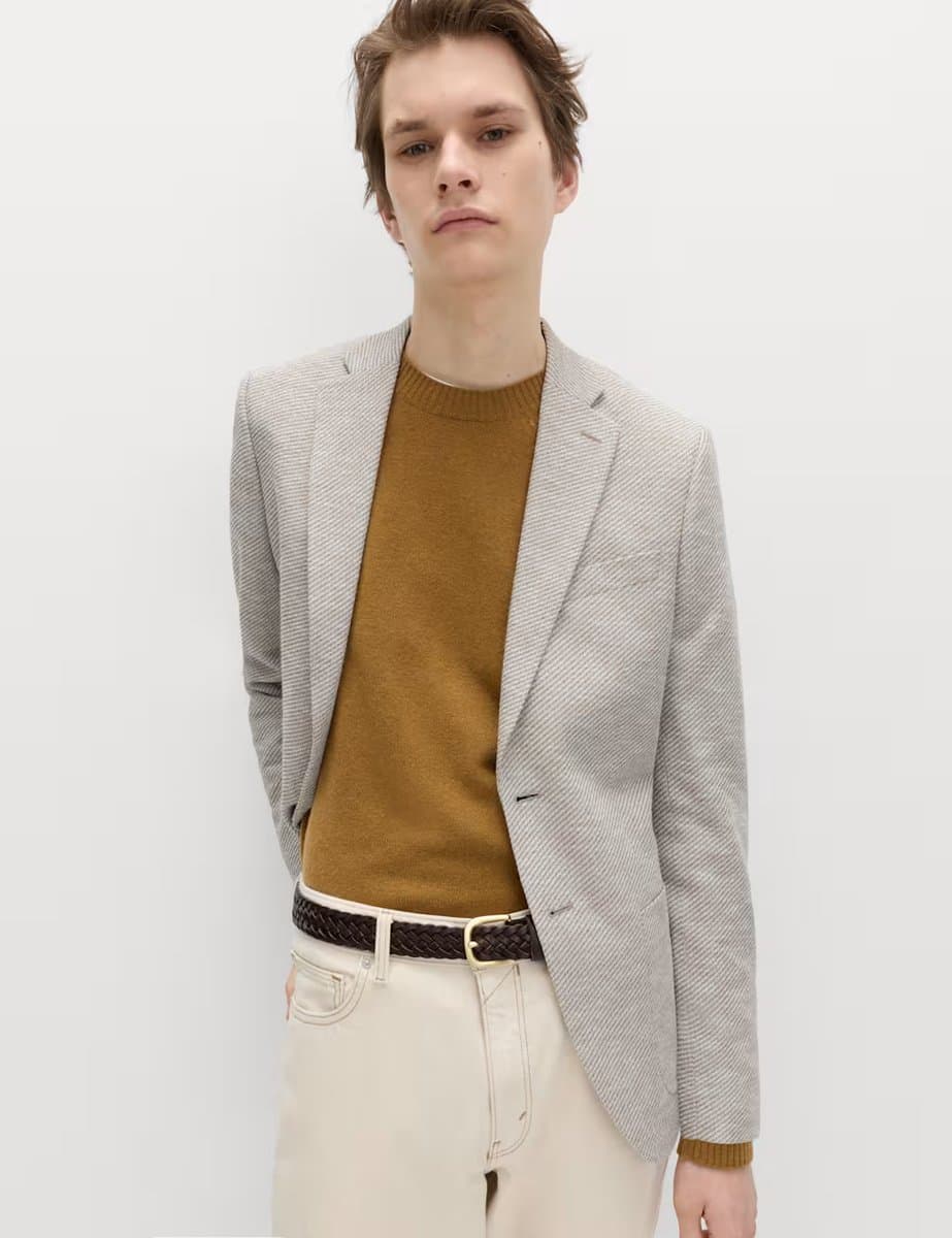 Marks & Spencer M&S Tailored Fit Cotton Blend Textured Stretch Blazer Neutral