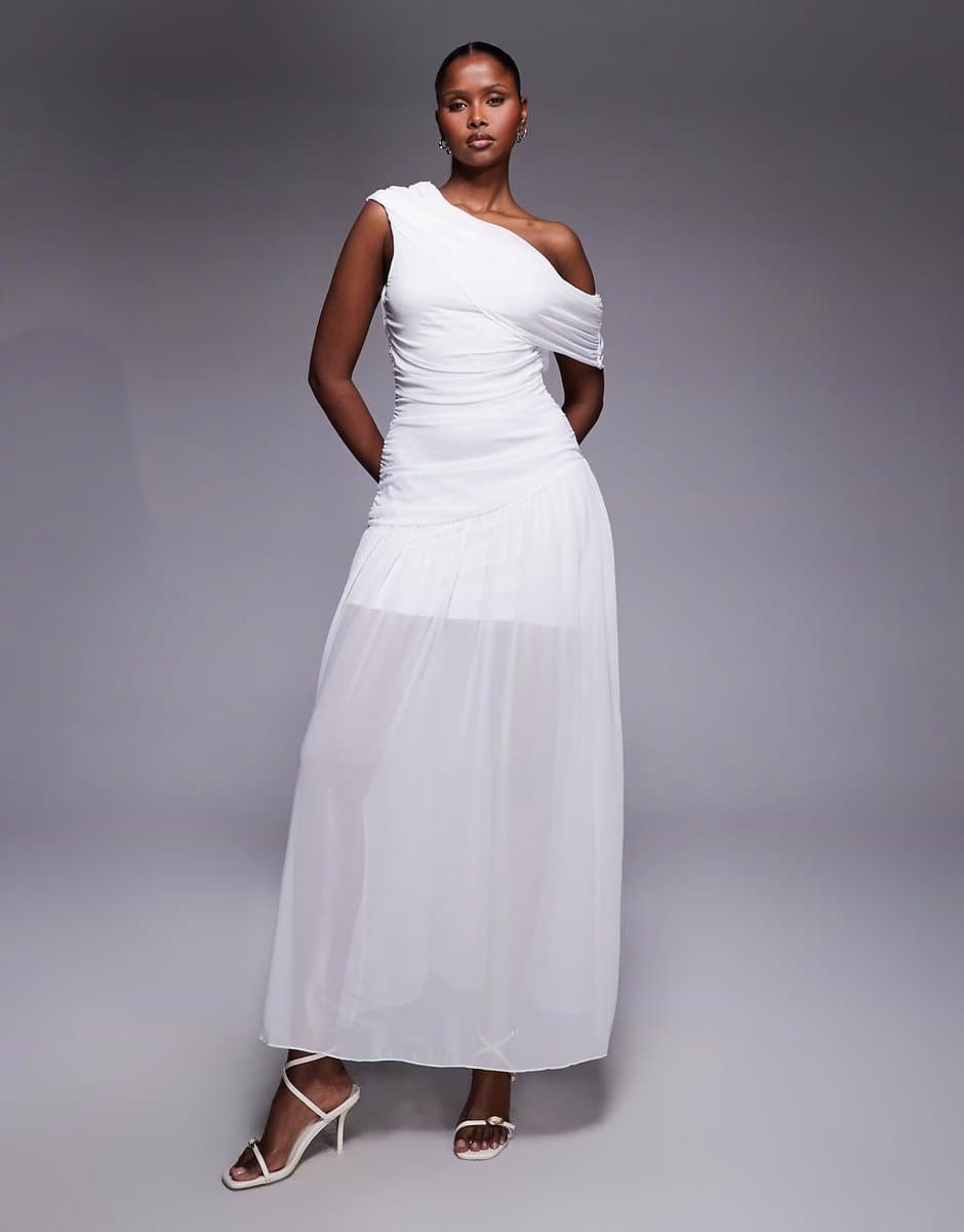 ASOS Fashionkilla exclusive chiffon off shoulder asymmetric hem gathered sheer hem maxi dress in white