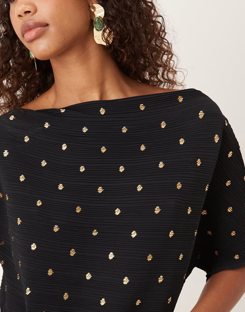 ASOS Never Fully Dressed Tilly plisse off shoulder midaxi dress in black and gold spot - 3