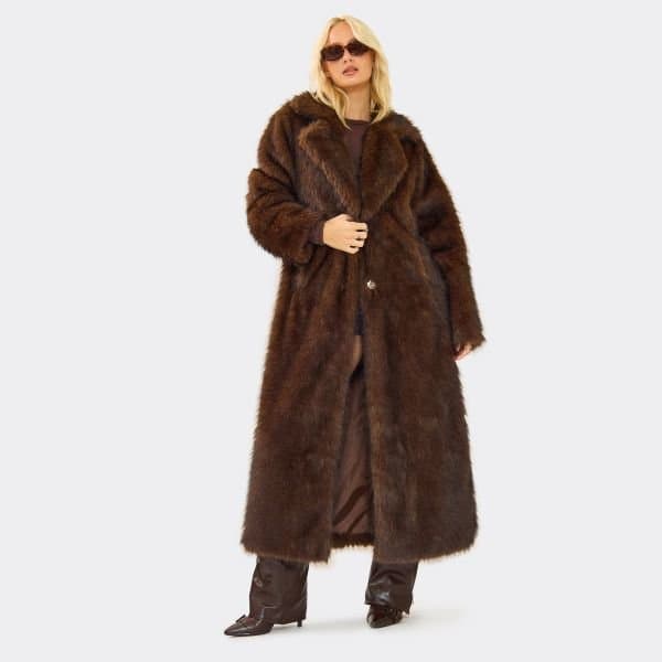 EGO Oversized Maxi Coat In Chocolate Brown Look Faux Fur, Women's Size UK 10