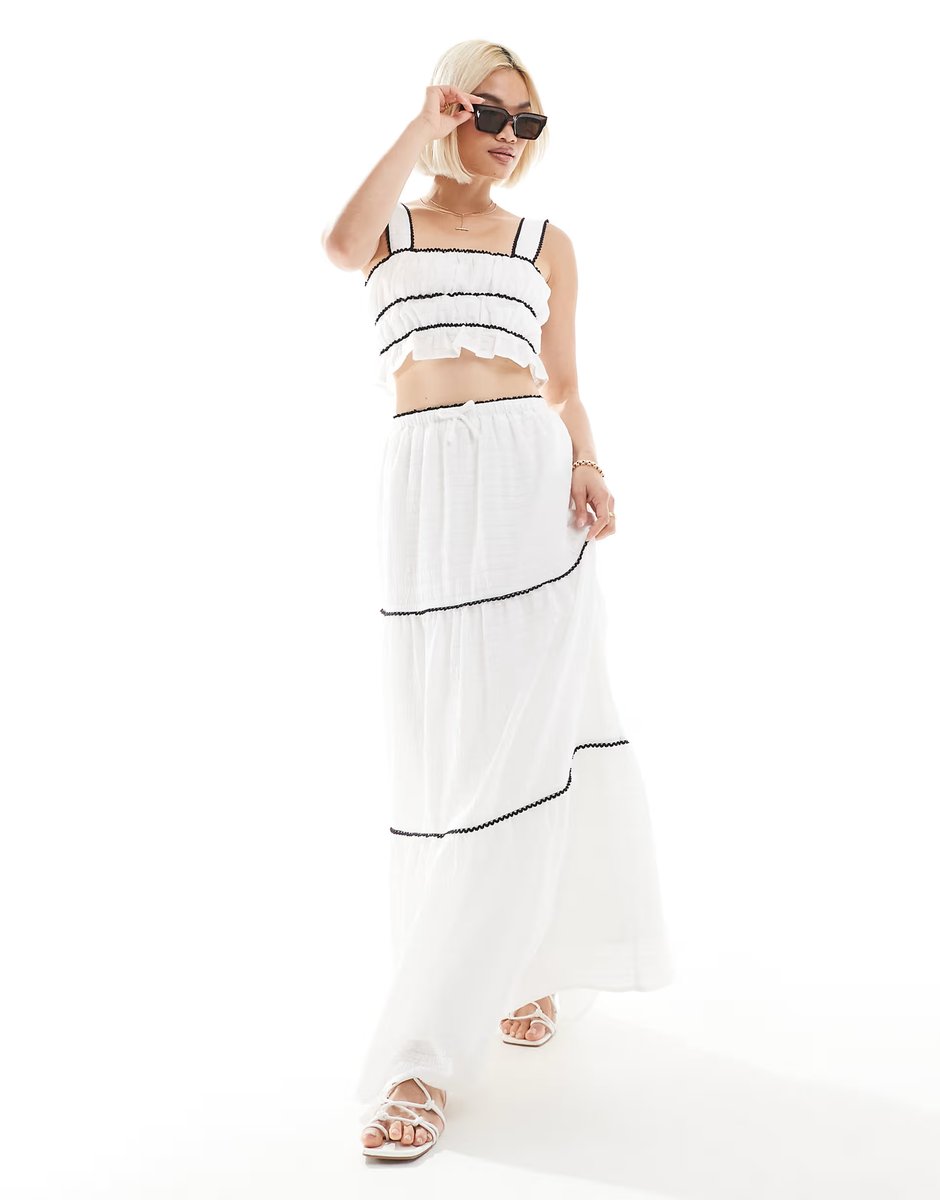 ASOS The Frolic exclusive ruched contrast trim beach top and maxi skirt co-ord in mono - 3