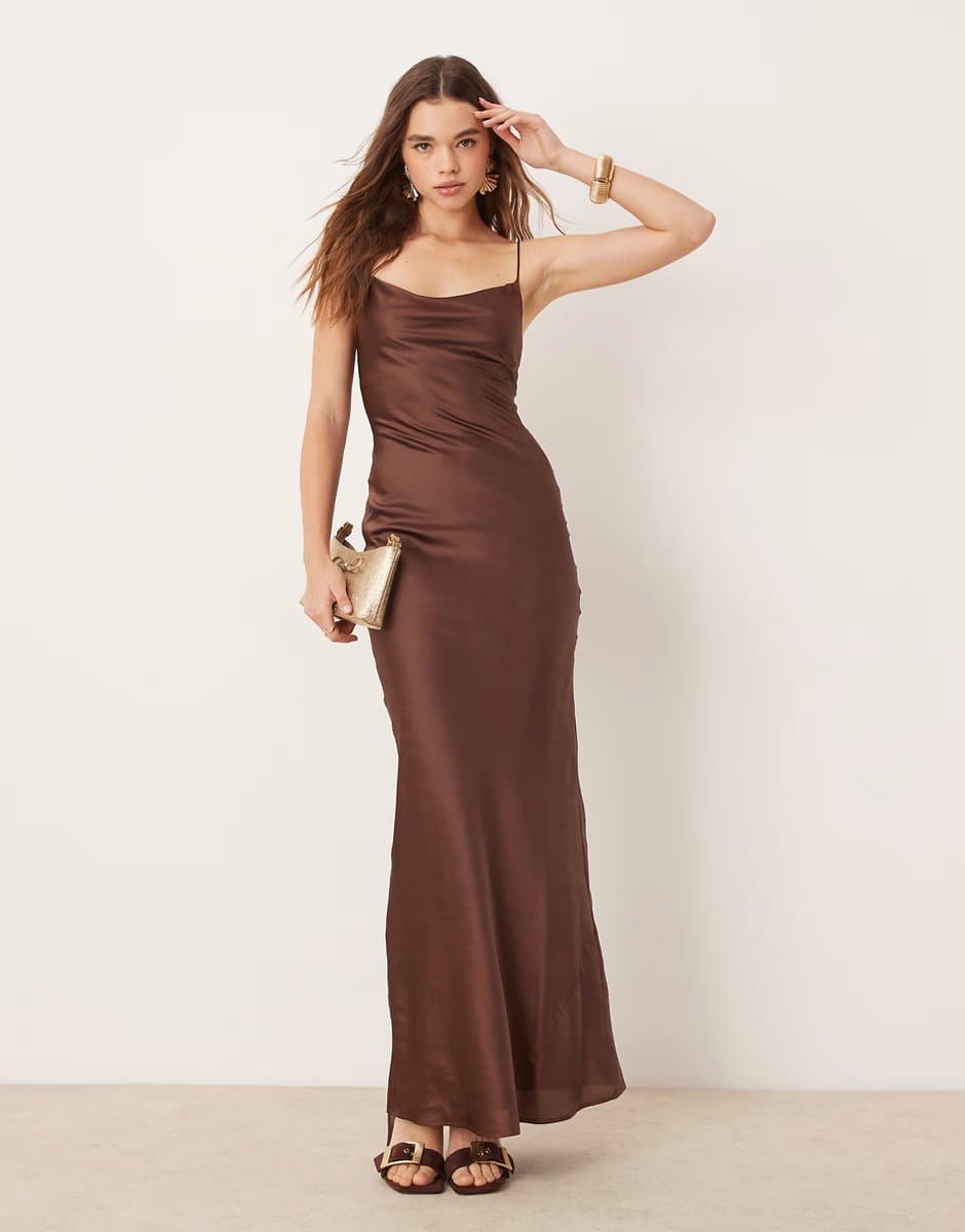 ASOS OMNES Ginny Maxi Strappy satin Slip Dress in Brown
