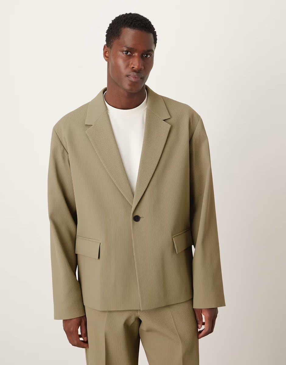 ASOS ASOS DESIGN Rib Fabric Boxy Suit Jacket in Khaki