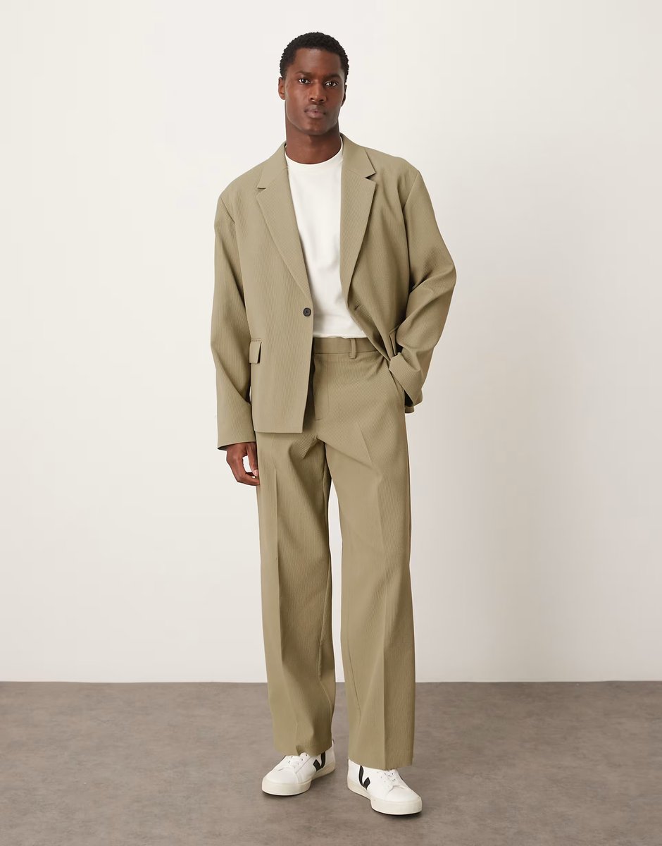 ASOS ASOS DESIGN rib fabric boxy suit jacket in khaki - 2