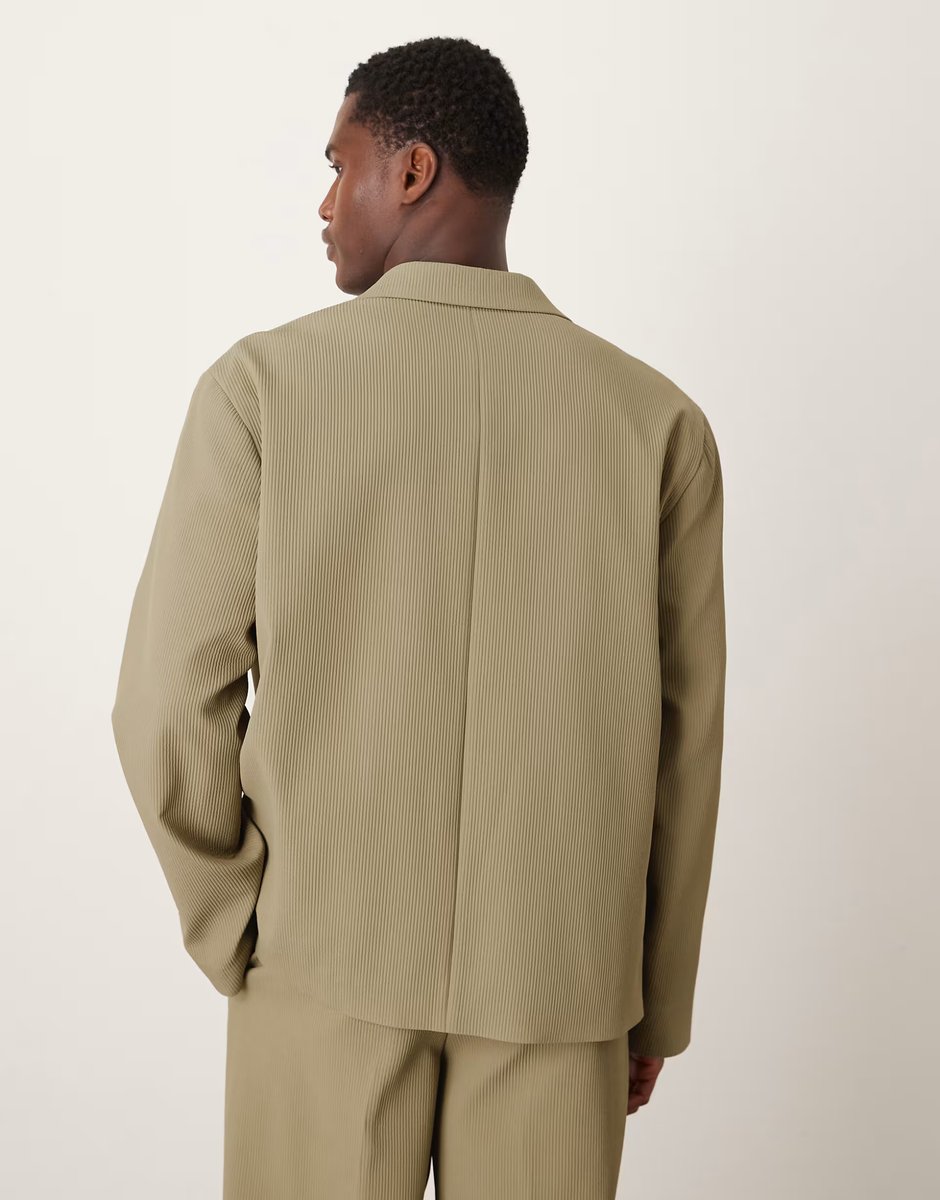 ASOS ASOS DESIGN rib fabric boxy suit jacket in khaki - 3